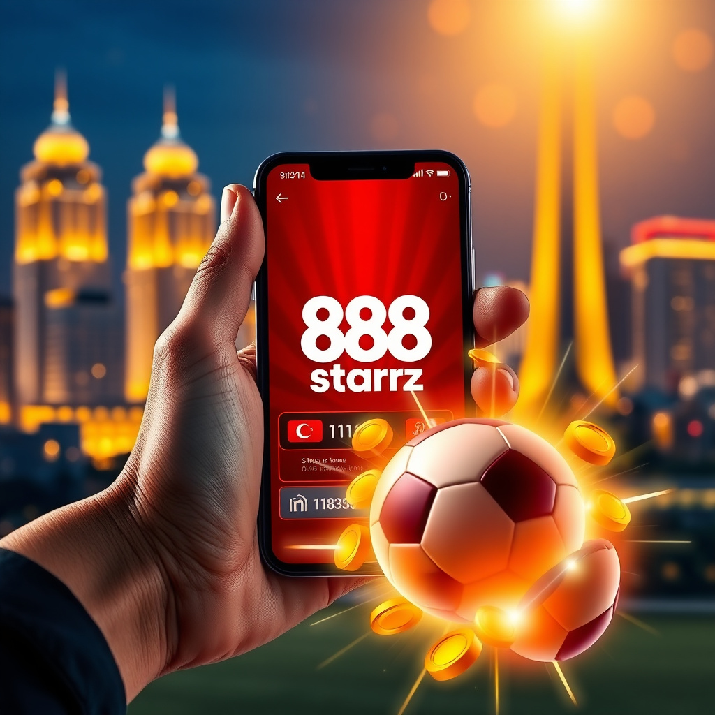 A hand holding a high-end smartphone displaying the official 888starz app with a red and black interface, background is the Tashkent City skyline and modern Hilton hotel towers at night with golden bokeh lights, 3D golden coins and a soccer ball popping o